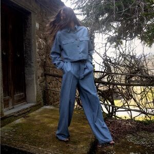 Zara denim crop shirt and wide leg paper bag pants set size small